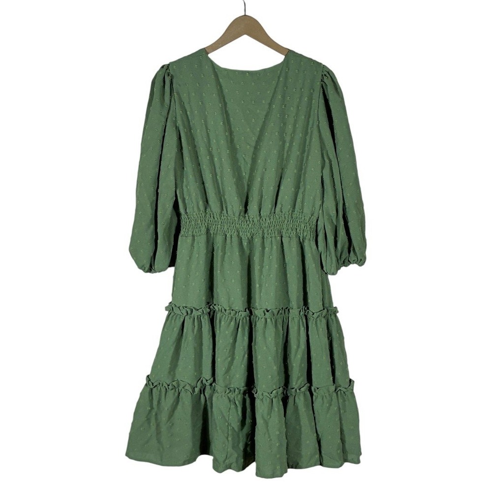 Marie Nicole Swiss Dot Tiered Ruffle Dress Sage Green Boho Smocked Size L - Picture 4 of 6